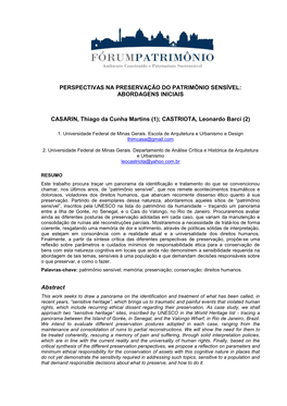 Perspectivas Na Preservação Do Patrimônio Sensível: Abordagens Iniciais