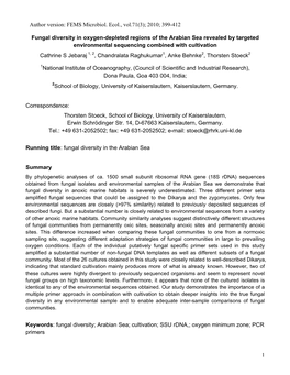 1 Fungal Diversity in Oxygen-Depleted Regions of the Arabian Sea