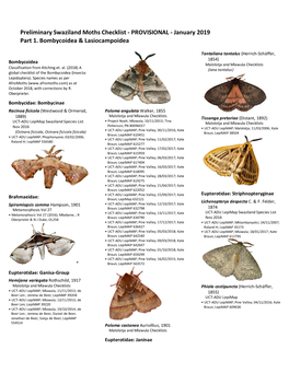 Preliminary Swaziland Moths Checklist - PROVISIONAL - January 2019 Part 1