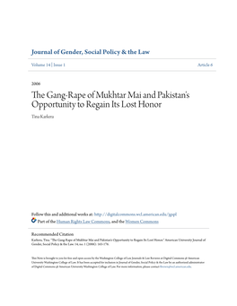 The Gang-Rape of Mukhtar Mai and Pakistan's Opportunity to Regain Its Lost Honor