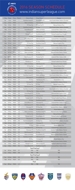 2016 Season Schedule