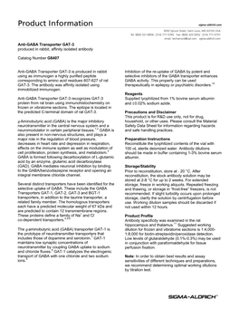 Anti-GABA Transporter GAT-3 Produced in Rabbit, Affinity Isolated Antibody