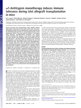 1-Antitrypsin Monotherapy Induces Immune Tolerance During Islet Allograft Transplantation in Mice