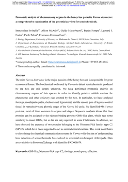 Proteomic Analysis of Chemosensory Organs in the Honey Bee Parasite Varroa Destructor: a Comprehensive Examination of the Potential Carriers for Semiochemicals