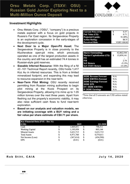 Orsu Metals Corp. (TSXV: OSU) – Russian Gold Junior Exploring Next to a Multi-Million Ounce Deposit