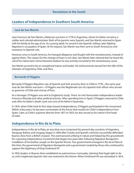 Leaders of Independence in Southern South America Independence in Río De La Plata