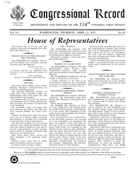 Congressional Record United States Th of America PROCEEDINGS and DEBATES of the 114 CONGRESS, FIRST SESSION