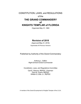 CONSTITUTION, LAWS, and REGULATIONS of the the GRAND COMMANDERY of KNIGHTS TEMPLAR of FLORIDA Organized May 31, 1895