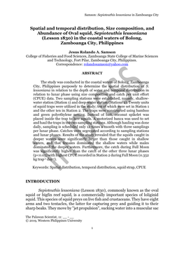 Spatial and Temporal Distribution, Size Composition, and Abundance of Oval Squid, Sepioteuthis Lessoniana (Lesson 1830) in the C