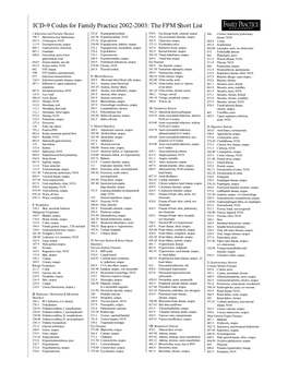 ICD-9 Codes for Family Practice 2002-2003: the F P M Sh O Rt List