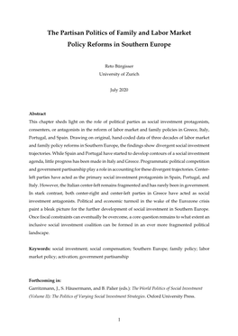 The Partisan Politics of Family and Labor Market Policy Reforms in Southern Europe