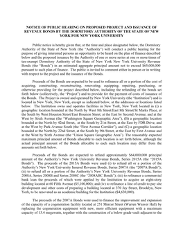 Notice of Public Hearing on Proposed Project and Issuance of Revenue Bonds by the Dormitory Authority of the State of New York for New York University