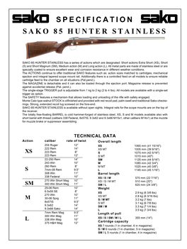 Specification Sako 85 Hunter Stainless