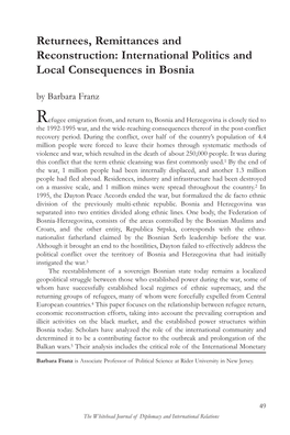 Returnees, Remittances and Reconstruction: International Politics and Local Consequences in Bosnia