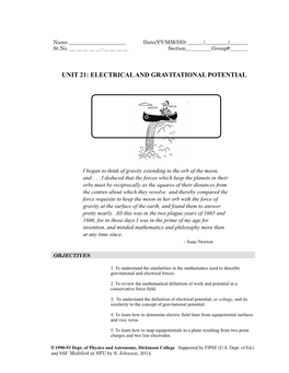 UNIT 21: ELECTRICAL and GRAVITATIONAL POTENTIAL Approximate Time Two 100-Minute Sessions