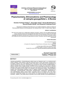 Phytochemistry, Ethnomedicine and Pharmacology of Jatropha Gossypiifolia L: a Review