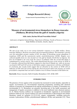 Pelagia Research Library Measure of Environmental Stress Biomarkers In