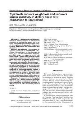 Topiramate Induces Weight Loss and Improves Insulin Sensitivity in Dietary Obese Rats: Comparison to Sibutramine