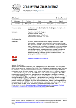 Hylastes Ater Global Invasive Species Database (GISD)