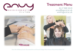 Treatment Menu 0117 909 2319 Envy@Sgscol.Ac.Uk