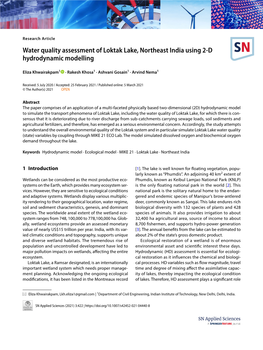 Water Quality Assessment of Loktak Lake, Northeast India Using 2-D Hydrodynamic Modelling