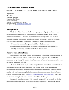 Seattle Urban Carnivore Study July 2017 Progress Report to Seattle Department of Parks & Recreation