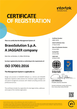 Bravosolution S.P.A. a JAGGAER Company ISO 37001:2016