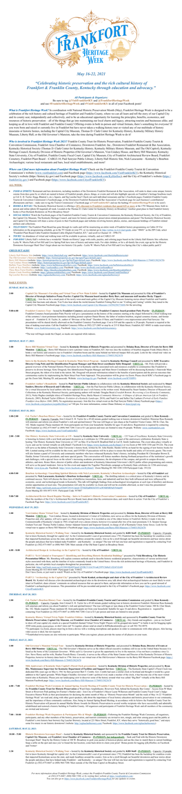 Celebrating Historic Preservation and the Rich Cultural History of Frankfort & Franklin County, Kentucky Through Education and Advocacy.”
