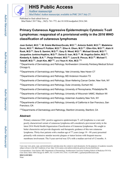 Primary Cutaneous Aggressive Epidermotropic Cytotoxic T-Cell Lymphomas: Reappraisal of a Provisional Entity in the 2016 WHO Classification of Cutaneous Lymphomas