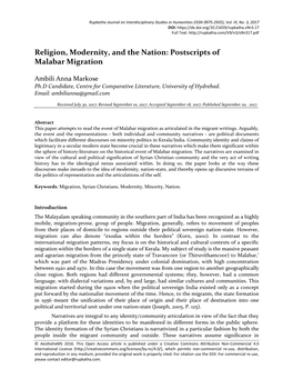 Religion, Modernity, and the Nation: Postscripts of Malabar Migration