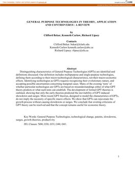 1 GENERAL PURPOSE TECHNOLOGIES in THEORY, APPLICATION and CONTROVERSY: a REVIEW by Clifford Bekar, Kenneth Carlaw, Richard Lipse