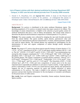 List of Papers/ Articles with Their Abstract Published by Zoology Department SRT Campus, in UGC Care List and Referred Journals from 15 January 2009 Onwards