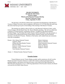 MIAMI UNIVERSITY BOARD of TRUSTEES Oxford Campus Minutes of the Board of Trustees Meeting Marcum Conference Center Friday, September 19, 2014