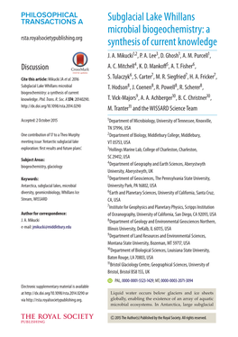 Subglacial Lake Whillans Microbial Biogeochemistry: a Synthesis Of