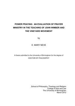 An Evaluation of Prayer Ministry in the Teaching of John Wimber and the Vineyard Movement