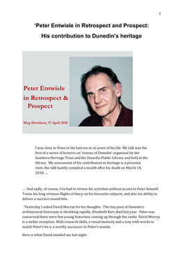 Peter Entwisle in Retrospect & Prospect