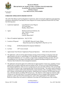 State of Maine Department of Agriculture, Conservation & Forestry Land Use Planning Commission 194 Main Street Walter E