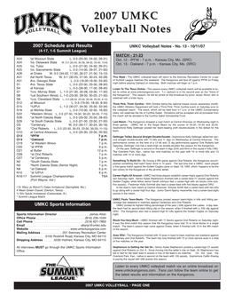 2007 UMKC Volleyball Notes