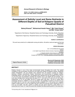 Assessment of Salinity Level and Some Nutrients in Different Depths of Soil at Kalapara Upazila of Patuakhali District