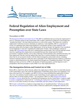 Federal Regulation of Alien Employment and Preemption Over State Laws