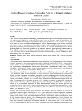 Malting Process Effects on Antioxidant Activity of Finger Millet and Amaranth Grains