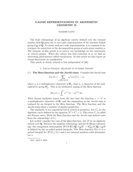 GALOIS REPRESENTATIONS in ARITHMETIC GEOMETRY II The