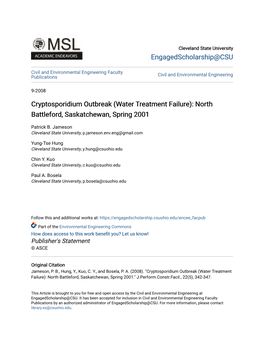 Cryptosporidium Outbreak (Water Treatment Failure): North Battleford, Saskatchewan, Spring 2001