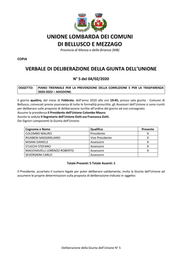 UNIONE LOMBARDA DEI COMUNI DI BELLUSCO E MEZZAGO Provincia Di Monza E Della Brianza (MB)