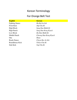 Korean Terminology for Orange Belt Test