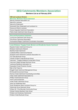 SEQ Catchments Members Association Members List As at February 2016