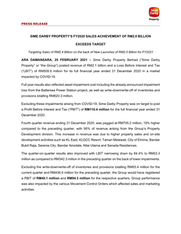 Sime Darby Property’S Fy2020 Sales Achievement of Rm2.0 Billion