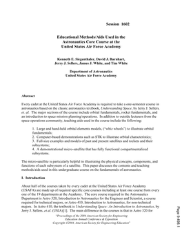 Educational Methods/Aids Used in the Astronautics Core Course at the United States Air Force Academy