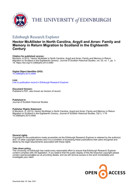 Hector Mcallister in North Carolina, Argyll and Arran: Family and Memory in Return Migration to Scotland in the Eighteenth