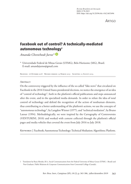 Facebook out of Control? a Technically-Mediated Autonomous Technology1 Amanda Chevtchouk Jurno*